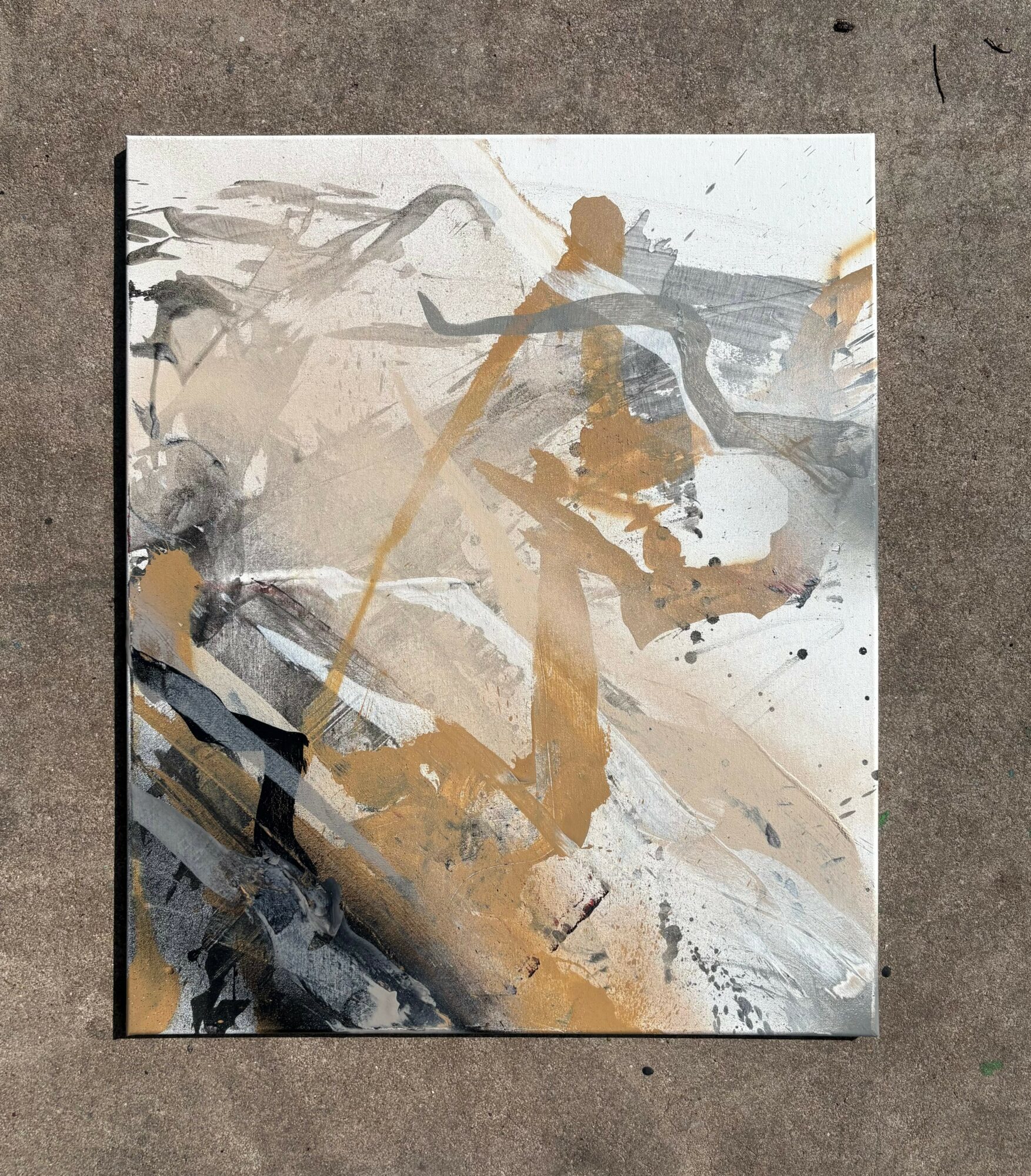Abstract painting with a silhouette of a person holding a bow and arrow, in shades of black, white, and brown.