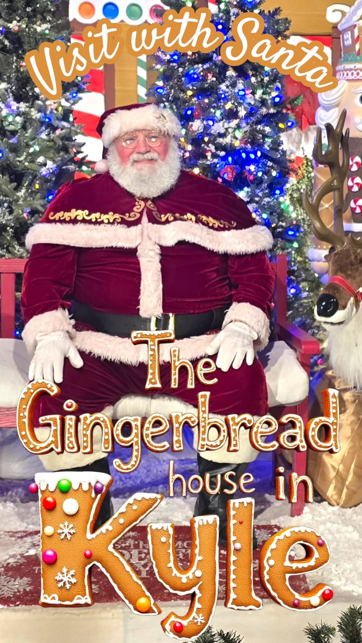 Santa Claus sitting in front of decorated Christmas trees, with reindeer and festive decorations, promoting a gingerbread house in Kylie.