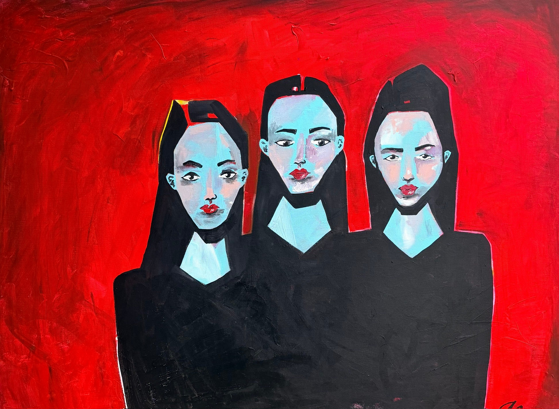 Three women with dark hair and makeup, wearing black clothing, against a red background.
