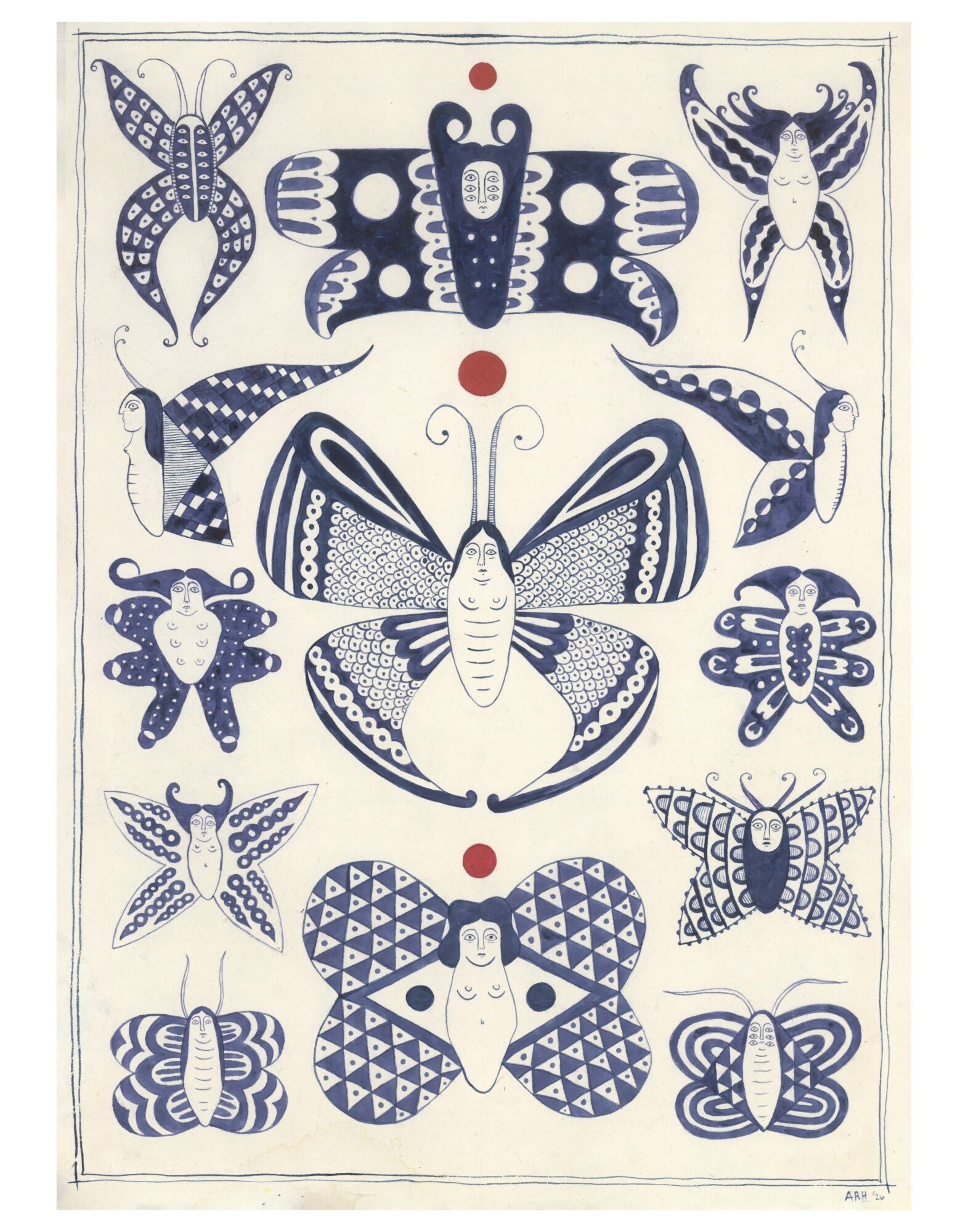 Collection of stylized butterflies and insects in blue and white, arranged symmetrically with red dots, on a white background.