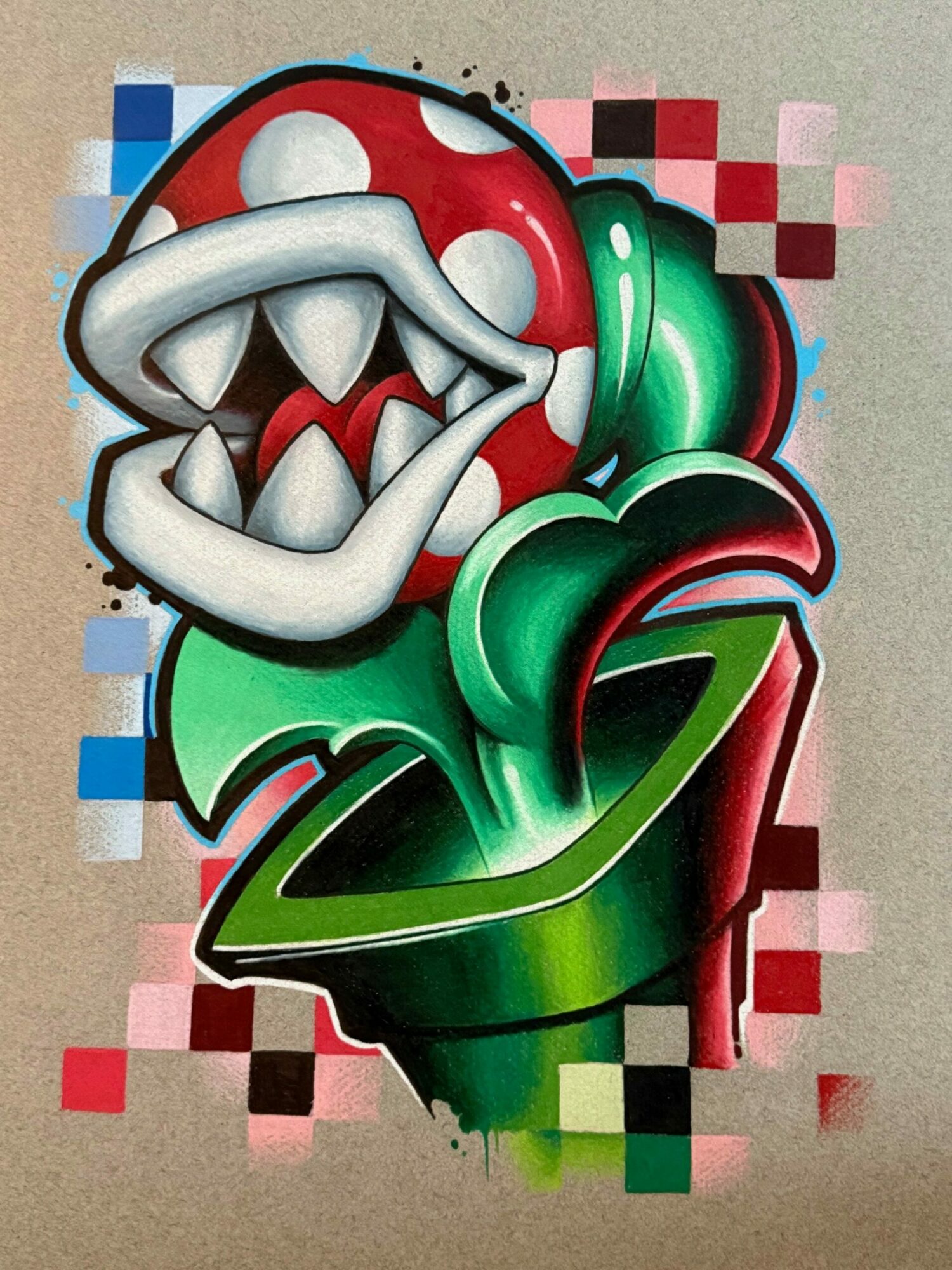 Graffiti art with colorful abstract shapes and patterns, including green, red, and black elements, on a wall.