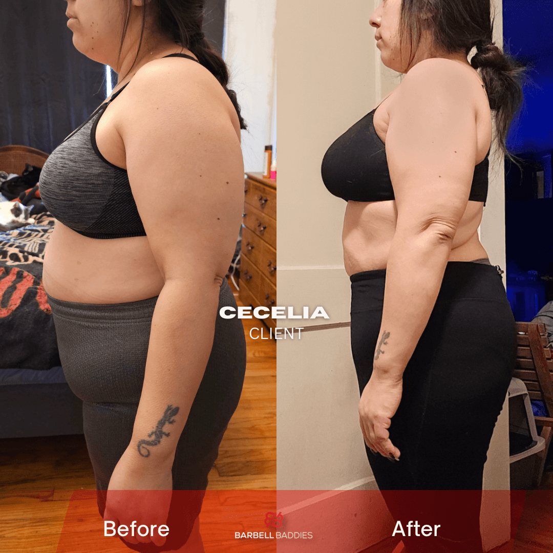 Side view of woman before and after weight loss, showing change in body shape and size, tattoos visible on arm.