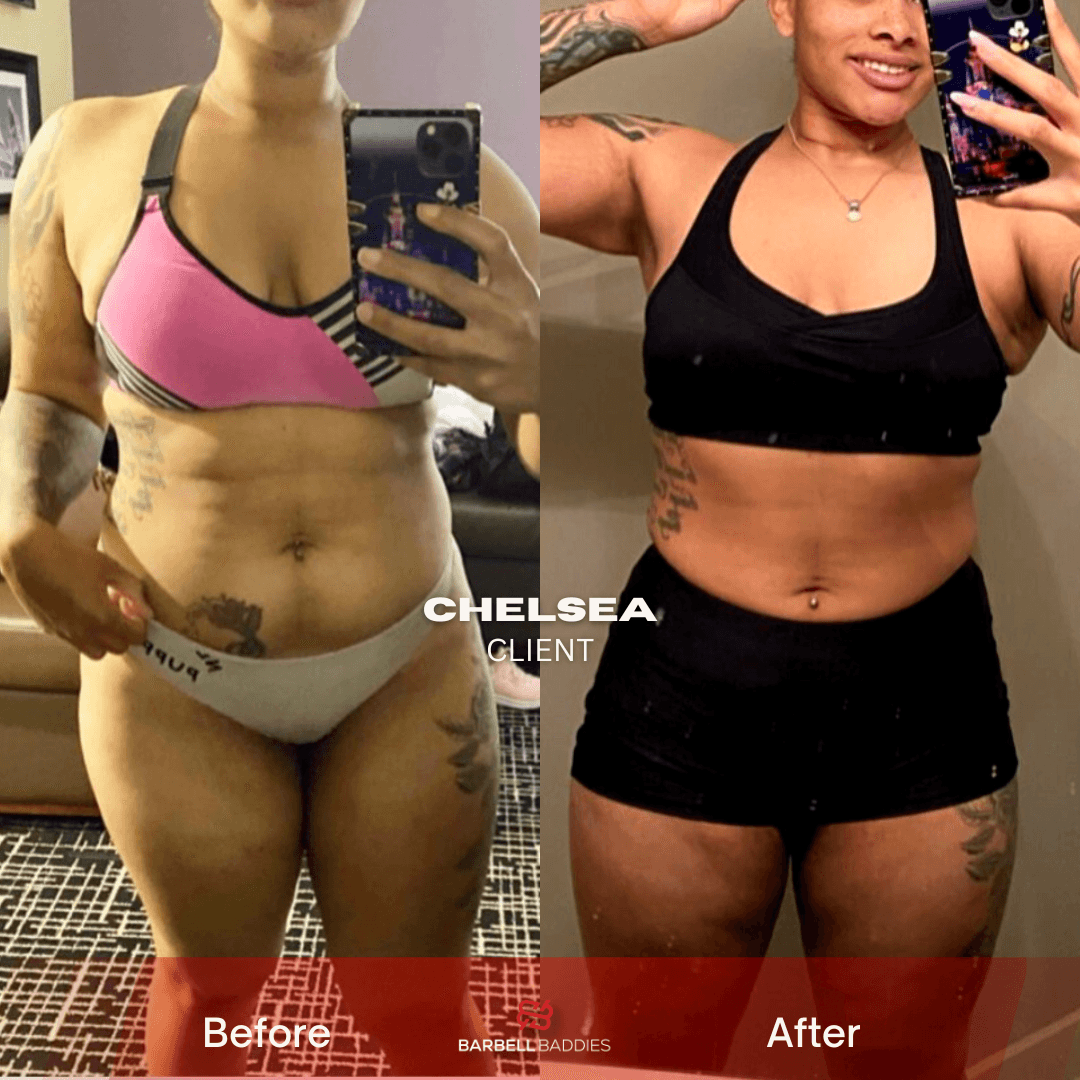 Side-by-side comparison of a woman before and after fitness transformation, showing weight loss and muscle toning, smiling in both images.