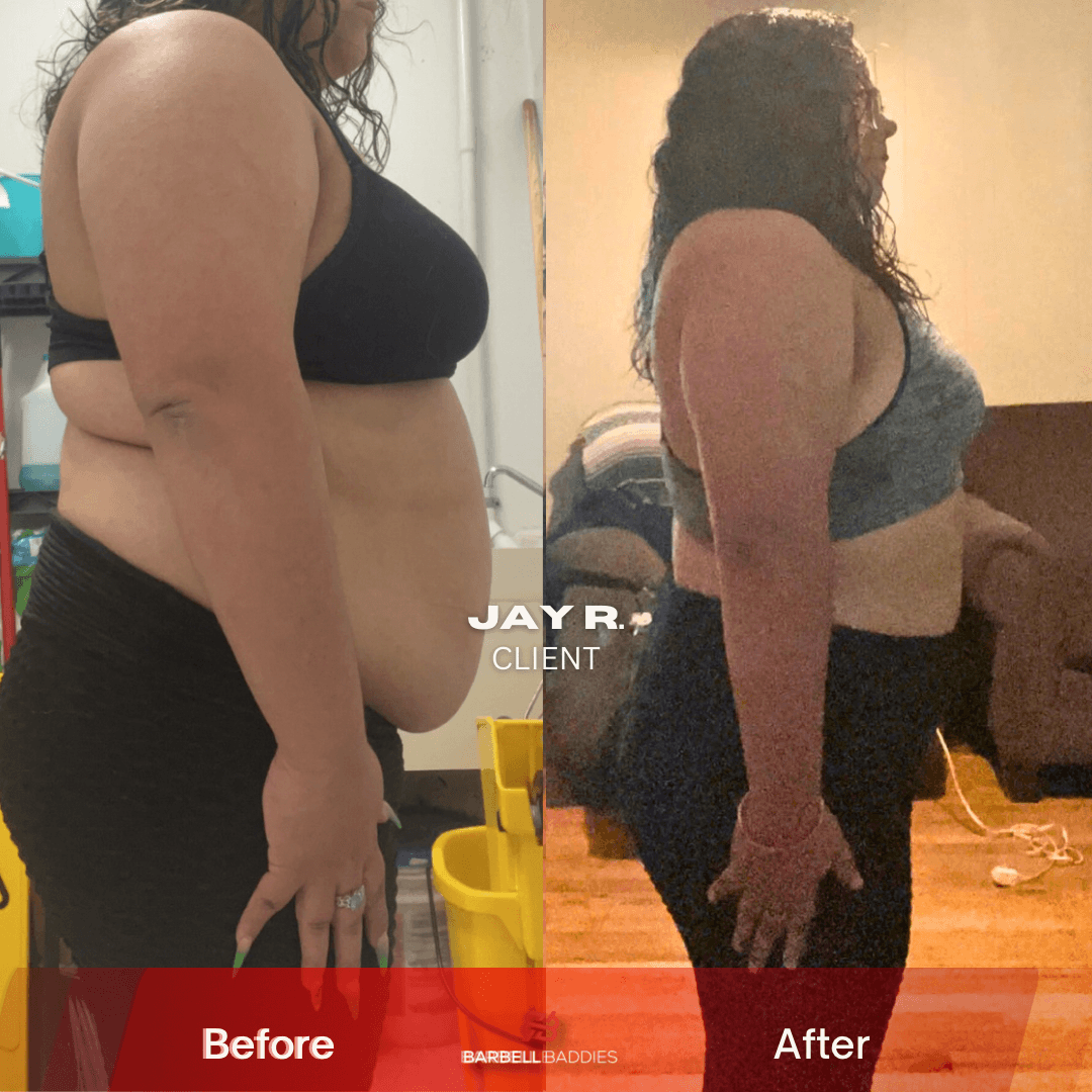 Side view of a woman before and after weight loss, wearing sports bras and leggings, showing body transformation.