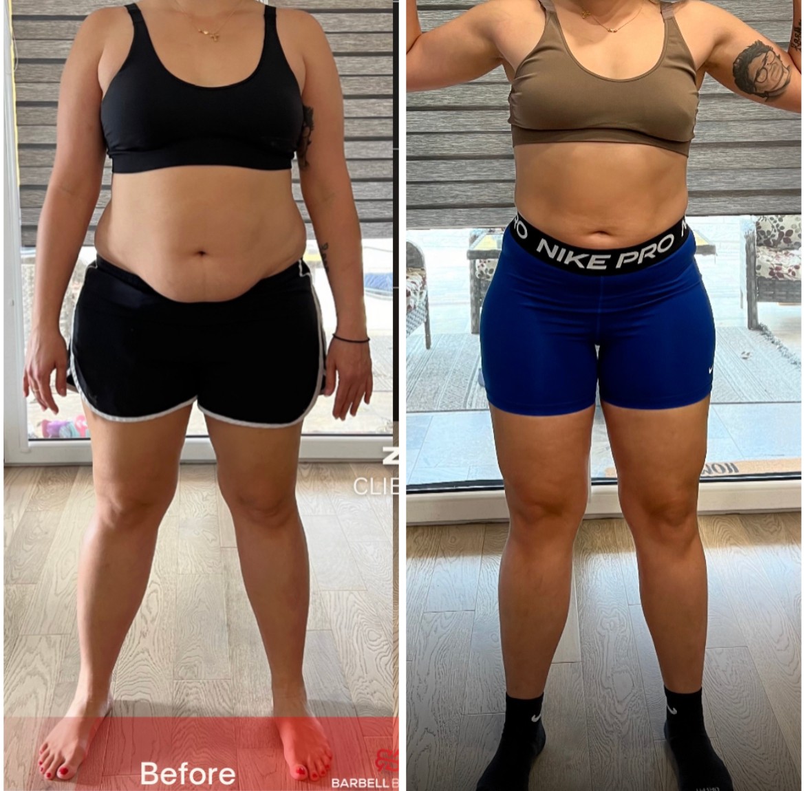 Side-by-side comparison of a woman before and after fitness transformation, showing weight loss and muscle toning, standing indoors against a window.