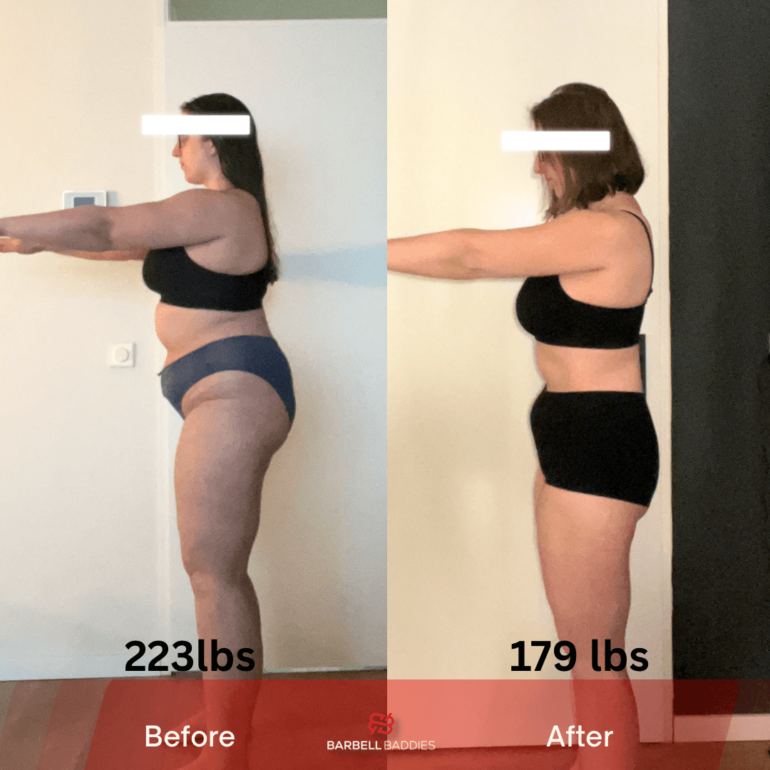 Side view of a woman before and after weight loss, showing reduced body size, wearing black sports bra and shorts.