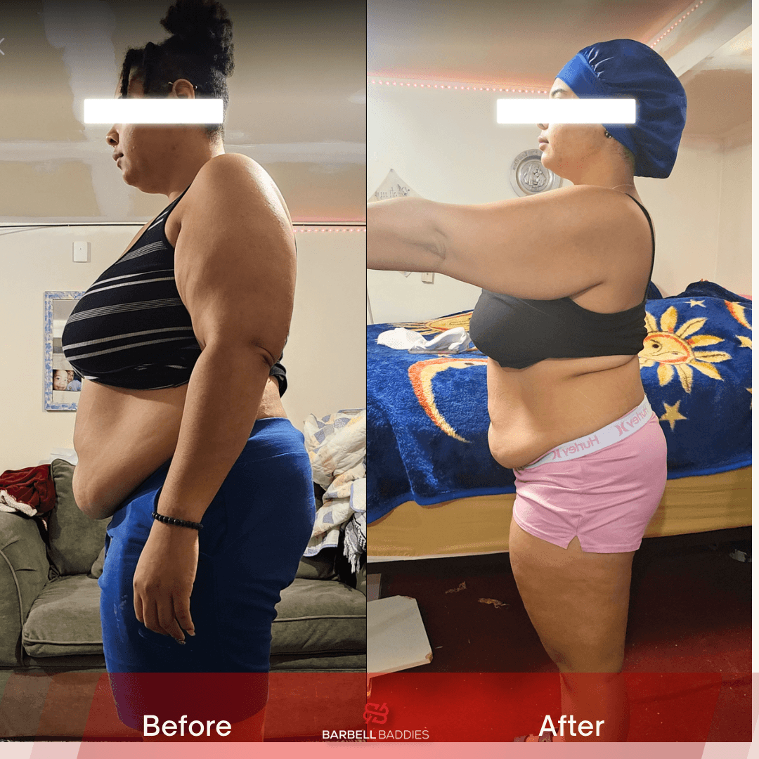 Side-by-side comparison of a woman before and after weight loss, showing changes in body shape and clothing. 20 words.