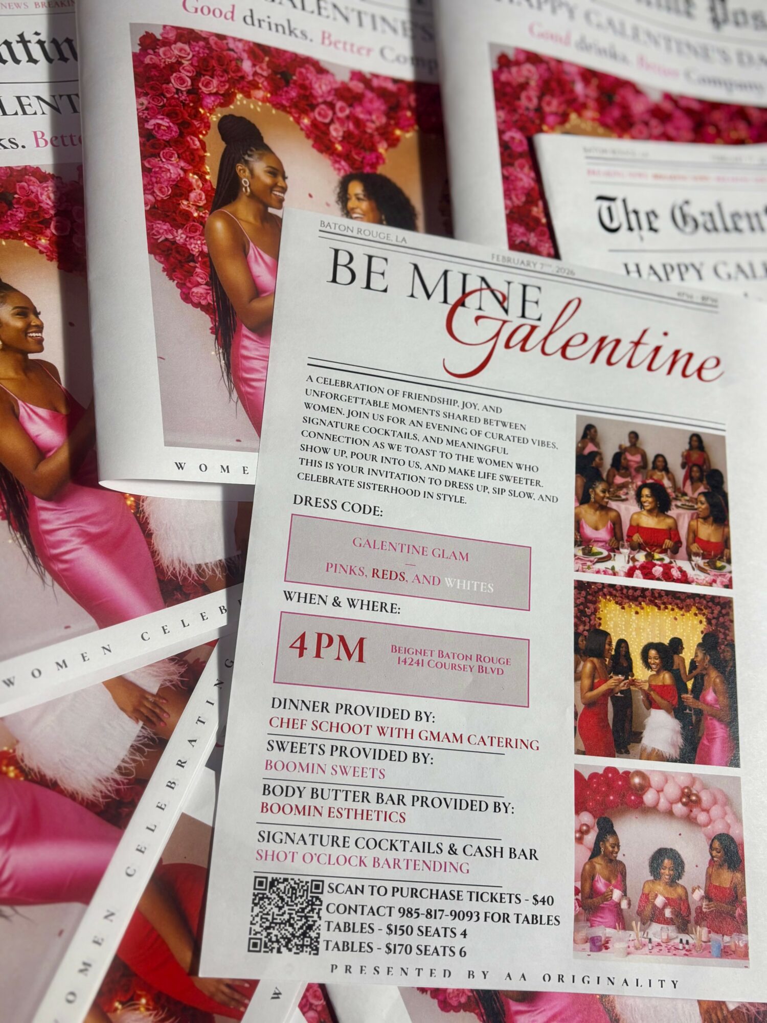 Invitation for a Valentine's event with images of women in pink dresses and a group photo, details about time and location.