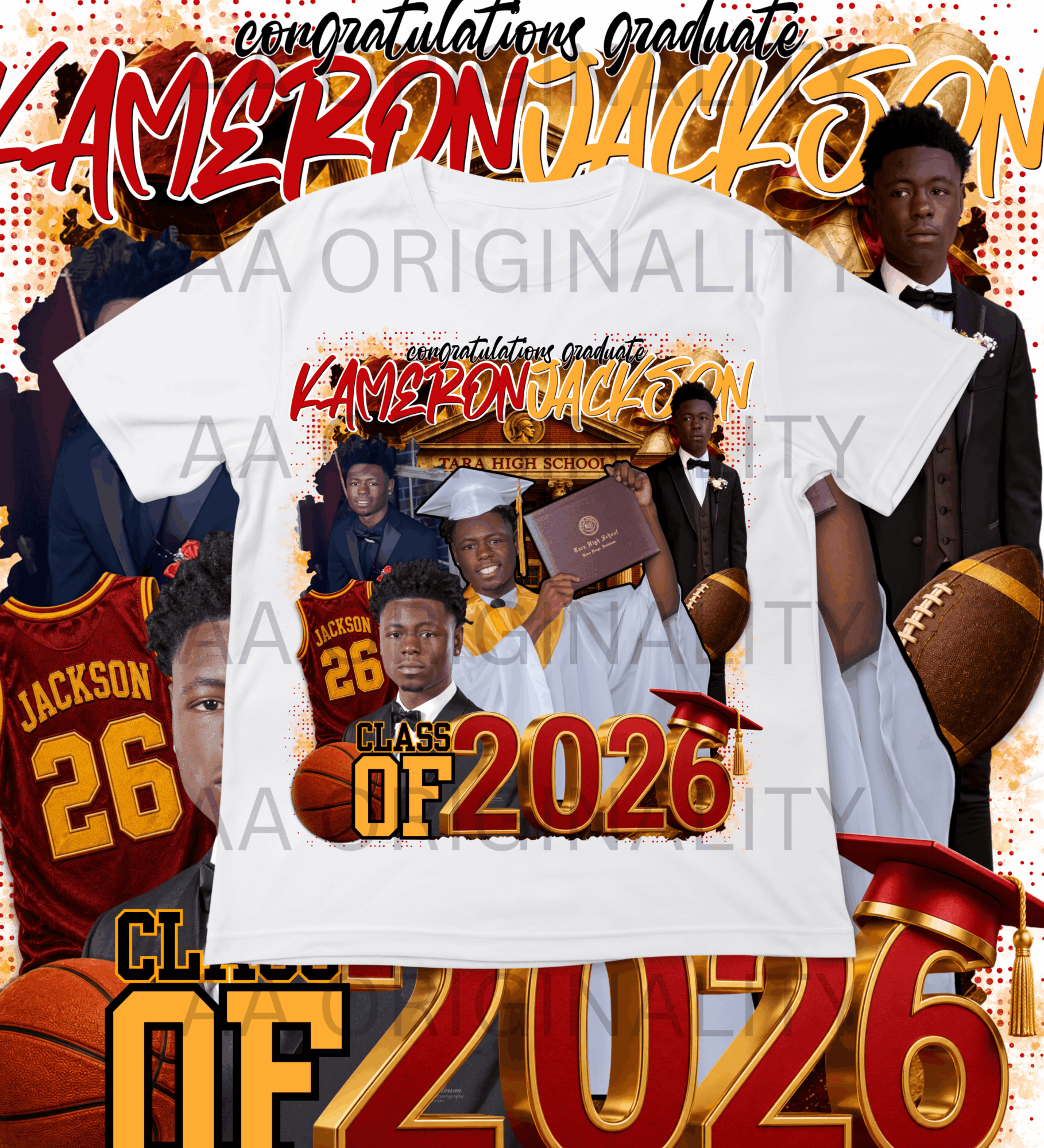 Group of graduates in caps and gowns holding diplomas, with sports jerseys and footballs, celebrating graduation, with text 'Class of 2026'.