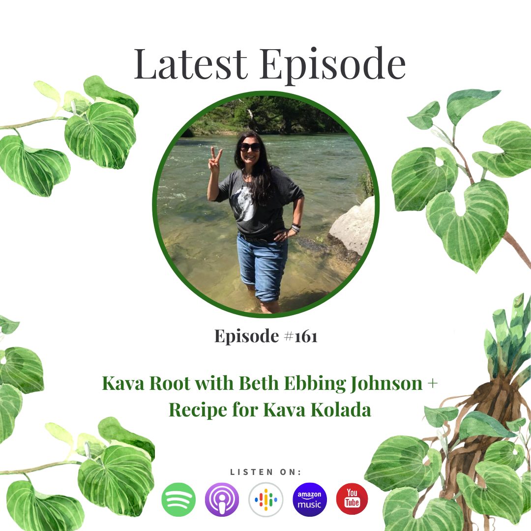 Promotional graphic for a podcast episode featuring a woman in a river, surrounded by green leaves, with episode details.