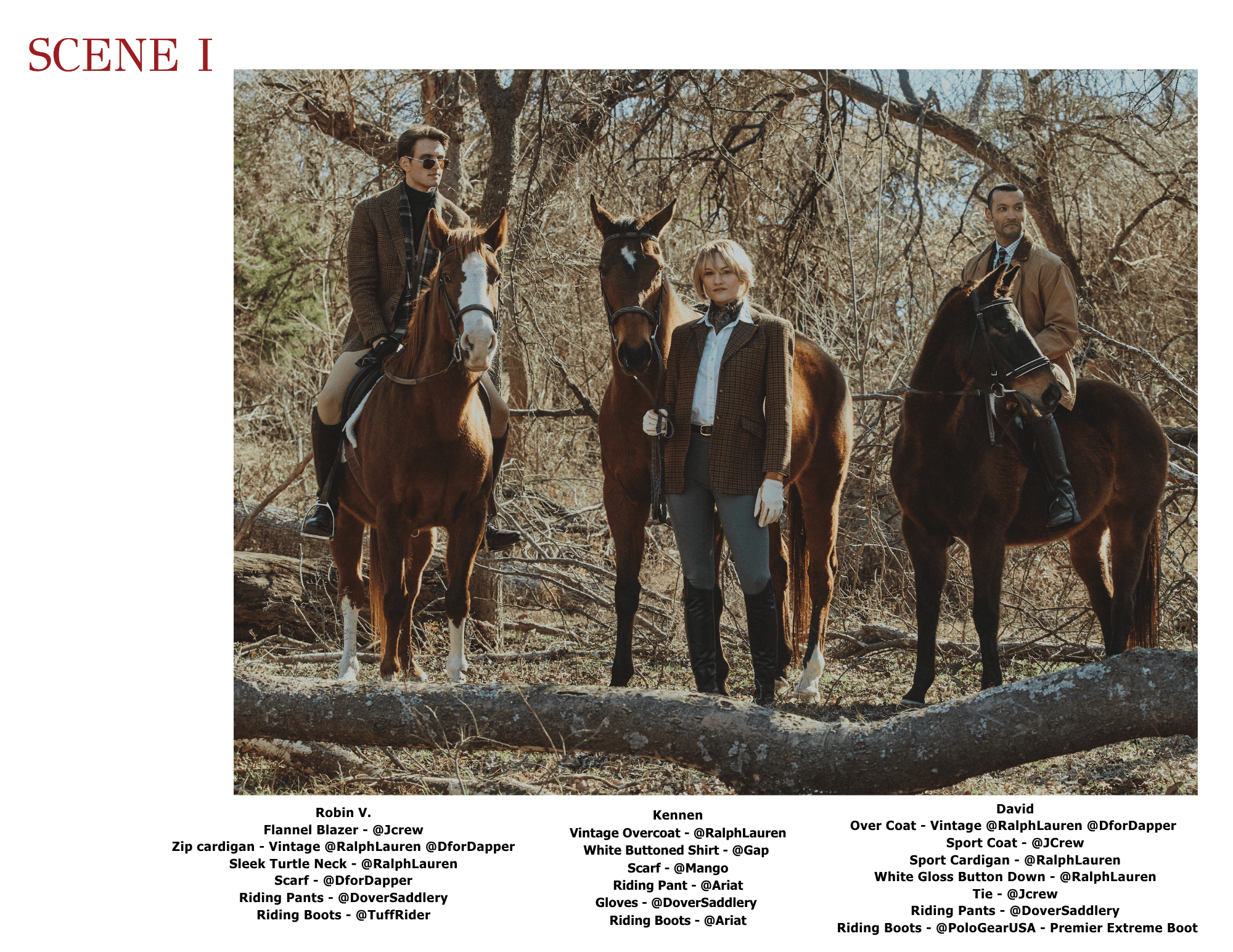 Four people with horses outdoors in a wooded area, two standing and two riding, with trees and rocks in background.