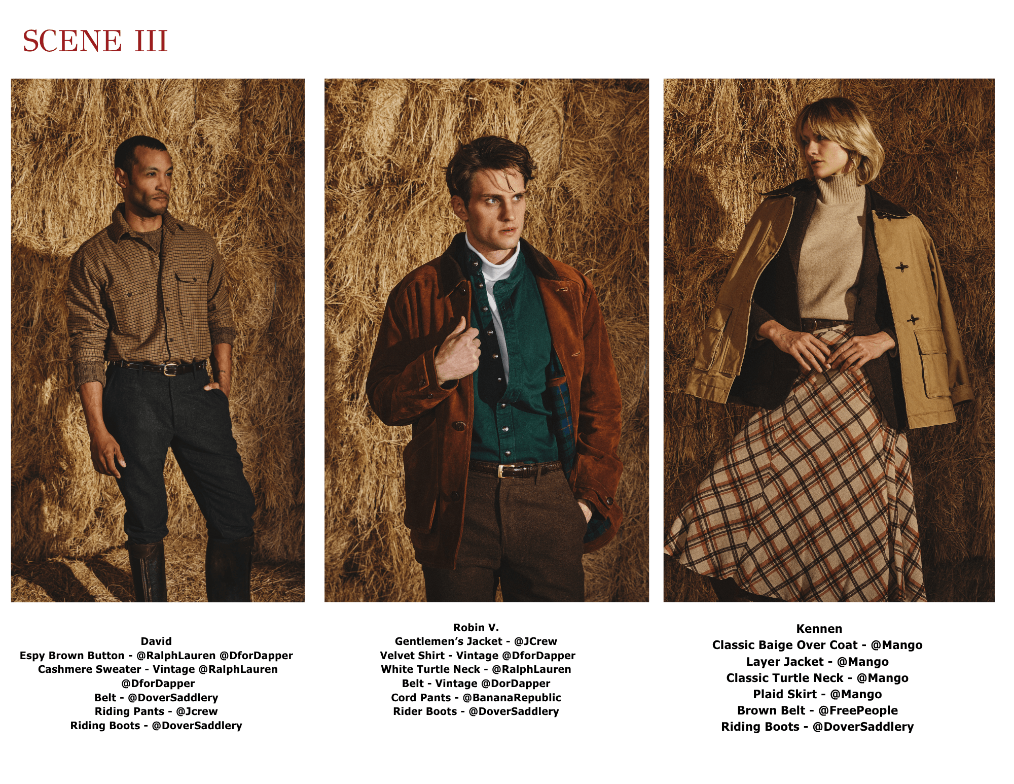Three people pose against a textured background, each wearing different stylish outfits. The first is a man in a brown shirt and dark pants, the second a man in a green sweater and brown jacket, the third a woman in a beige coat and plaid skirt.