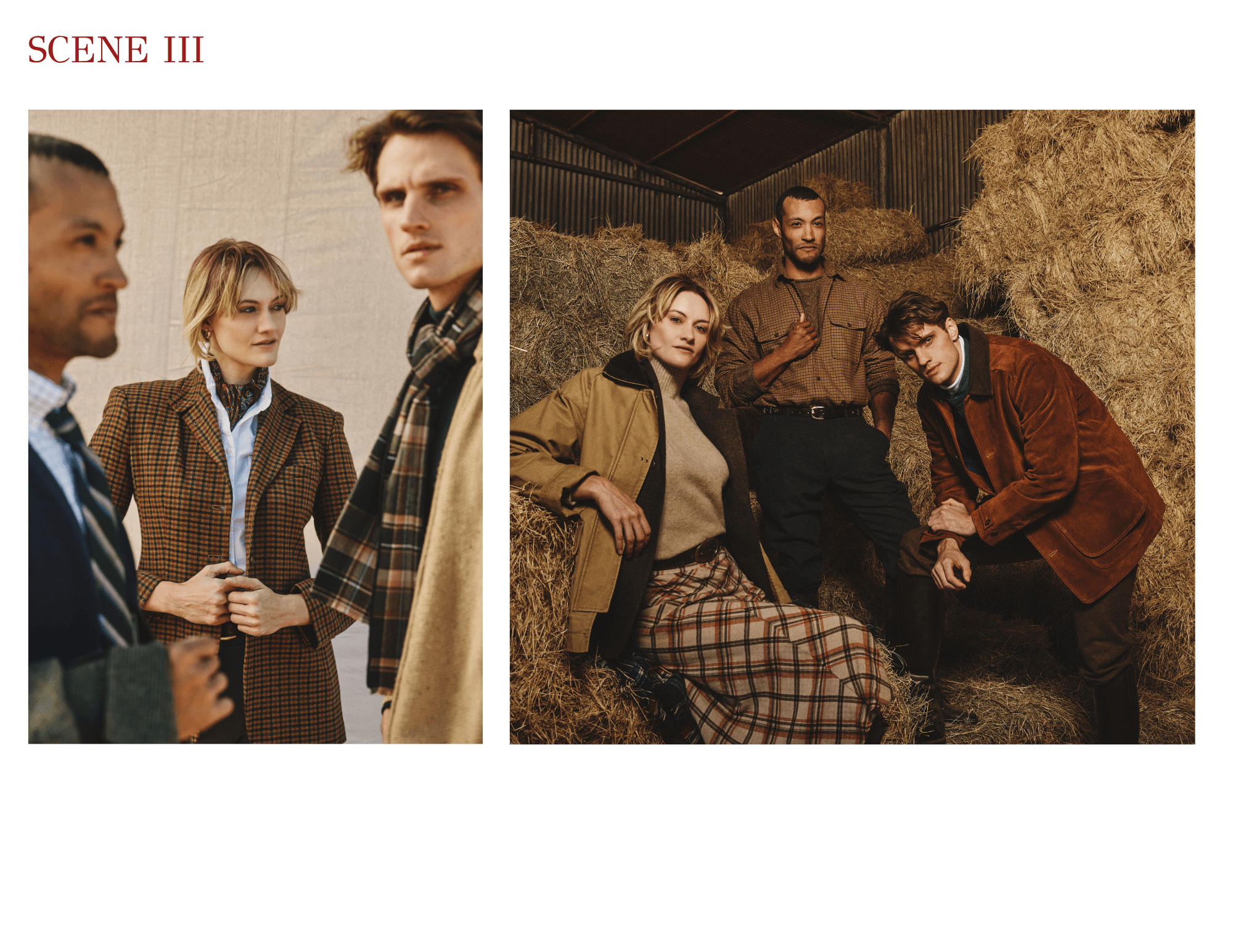 Two groups of people, one indoors and one outdoors, posing for photos. Indoor scene shows three people, outdoor scene shows three people in a haystack setting.