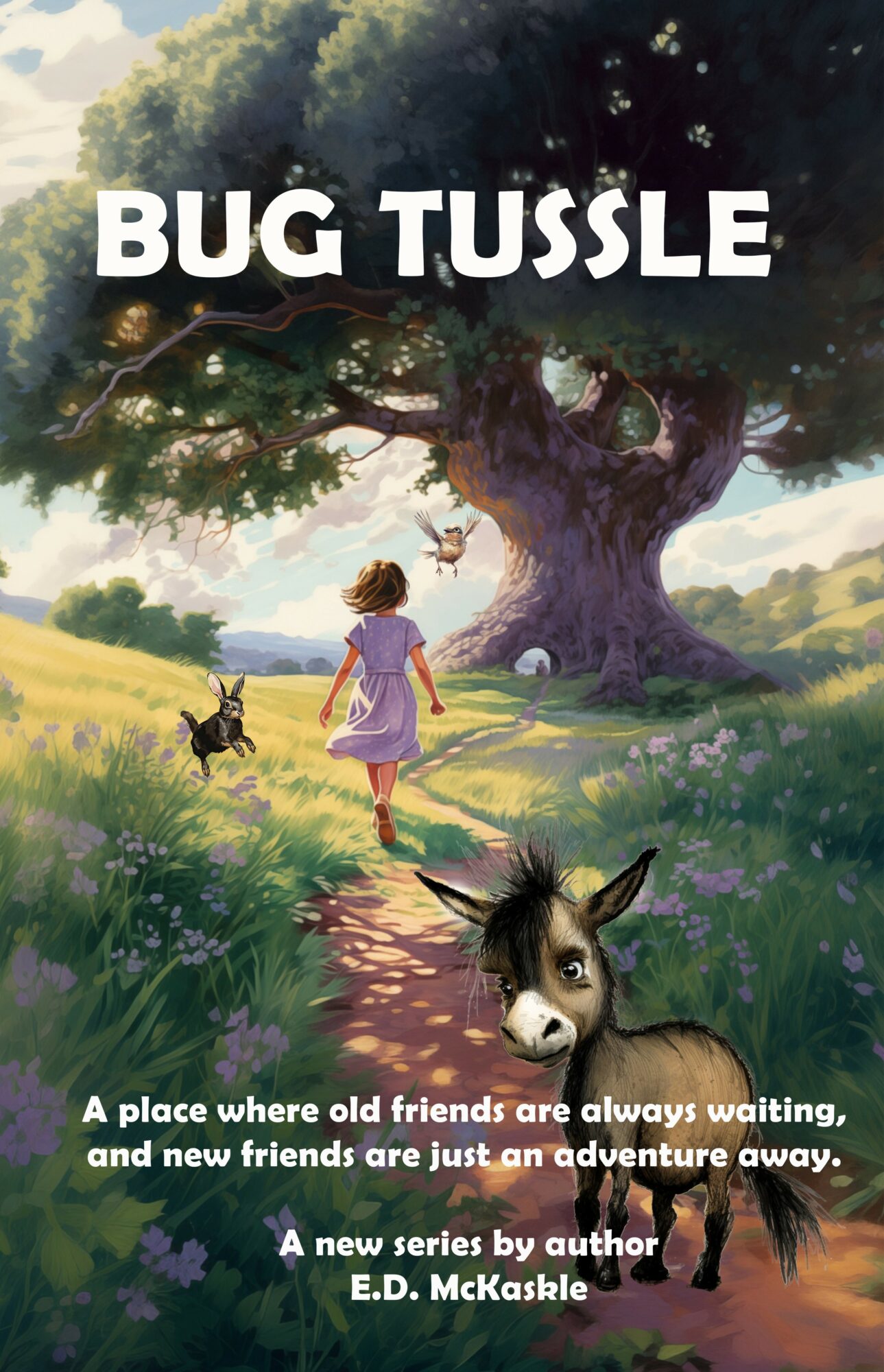 A girl walking a dog on a path toward a large tree in a grassy field, with a dog face overlay and text.