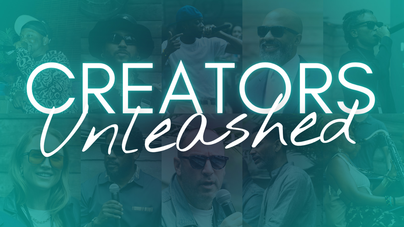 Text reads 'CREATORS Unleashed' over a background of people outdoors, some holding microphones or cameras.
