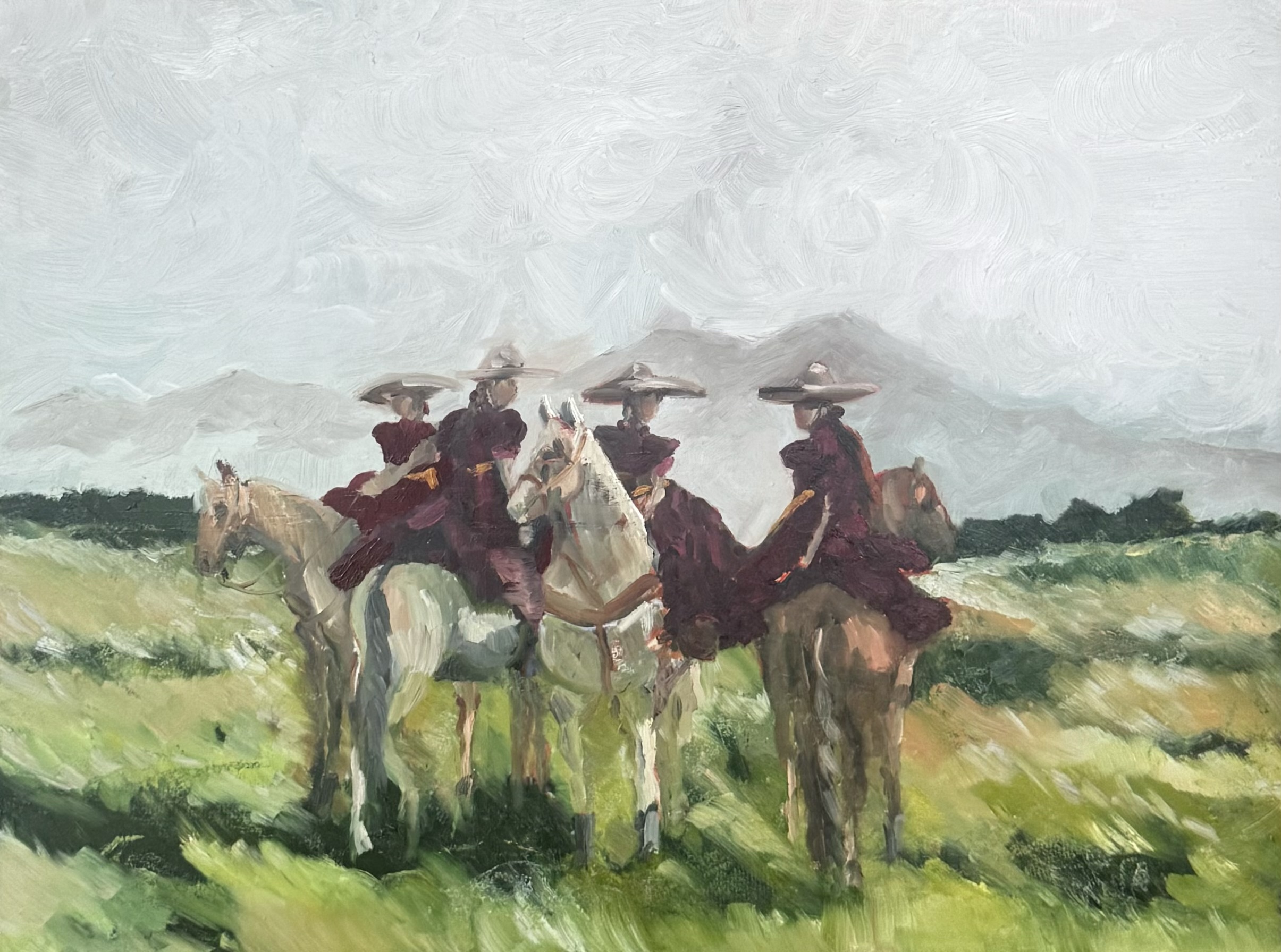 Four people wearing wide-brimmed hats riding horses in a grassy field with cloudy sky, impressionist style.
