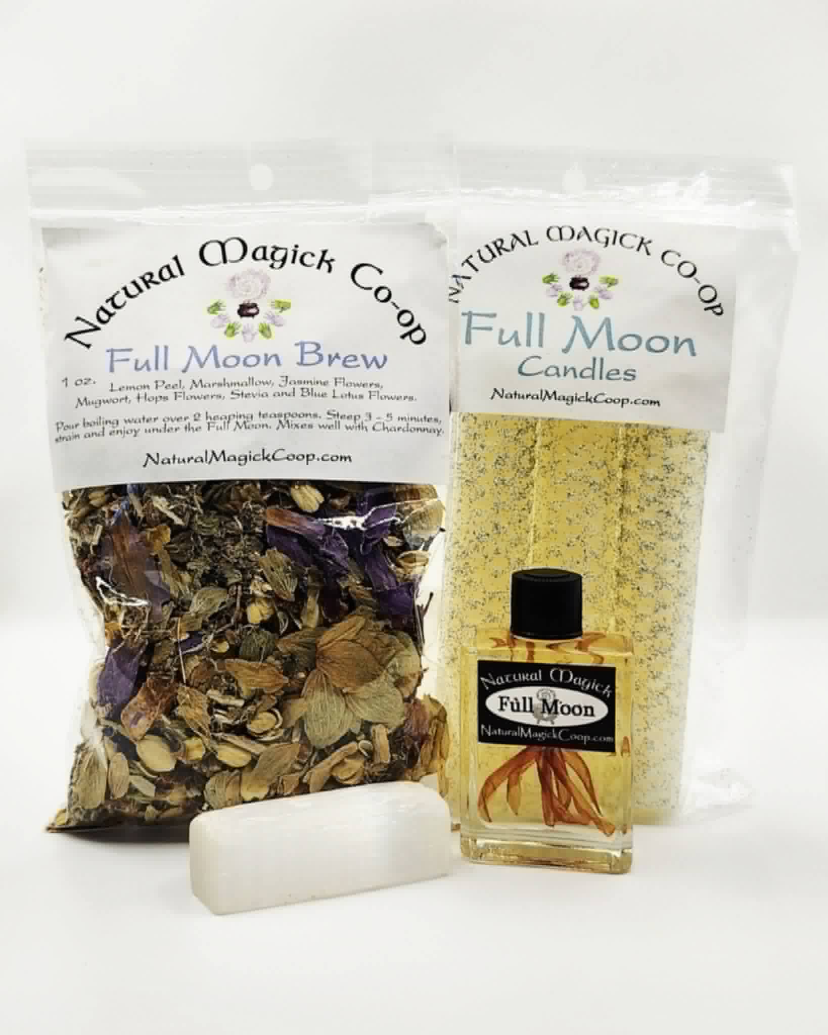 Two packages of candles and a soap bar, with one package containing dried herbs and the other yellow wax candles, on a white background.