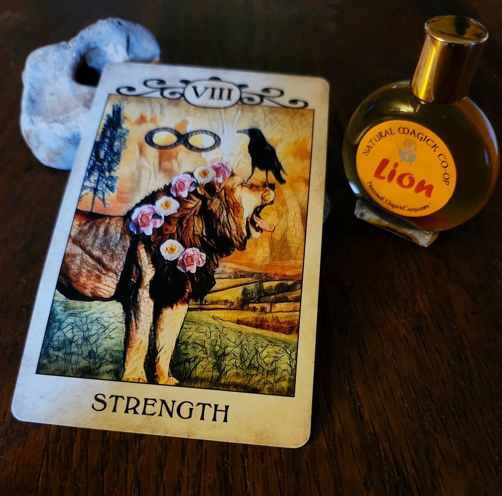 Tarot card titled 'Strength' featuring a lion with a flower crown and a bird on its back, on a dark surface.