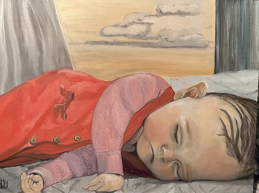 A child with closed eyes, lying on a bed with a pink shirt and red jacket, in a room with a window and cloudy sky.