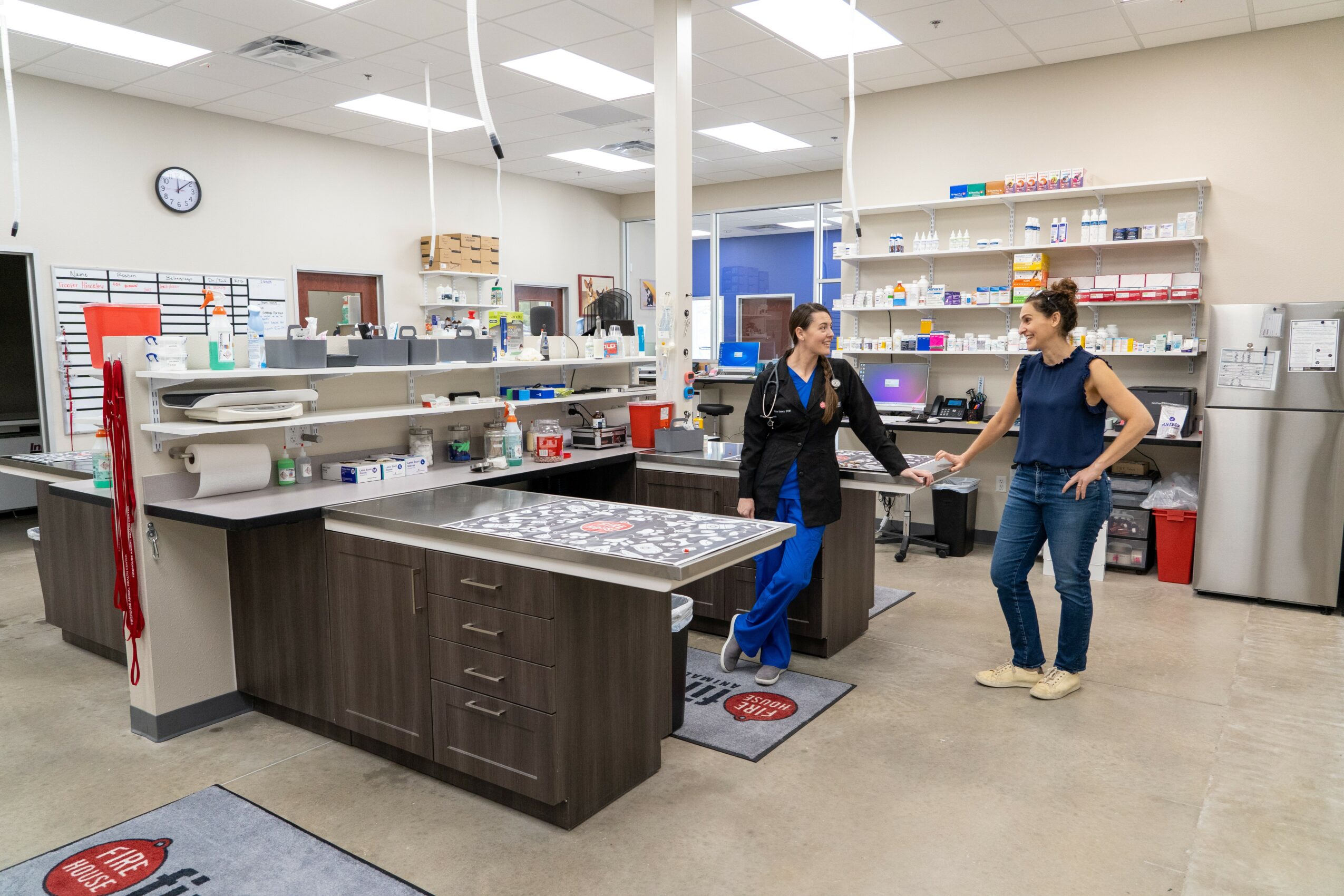 Two women stand and talk in a pharmacy with shelves of medication and a checkout counter, bright lighting, and organized space.
