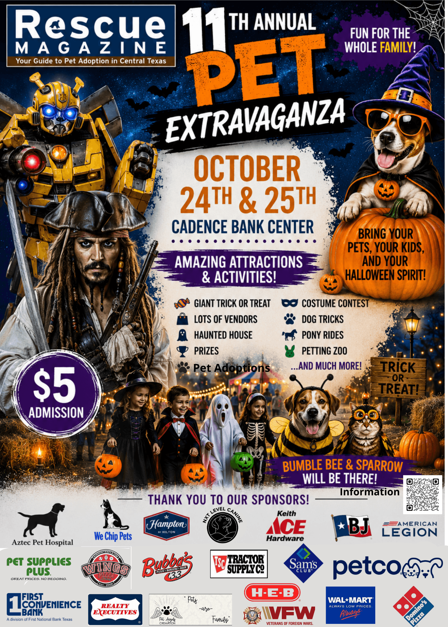 Event poster for pet extravaganza with dogs in costumes, pumpkins, and children, promoting October 24-25 at Cadence Bank Center.