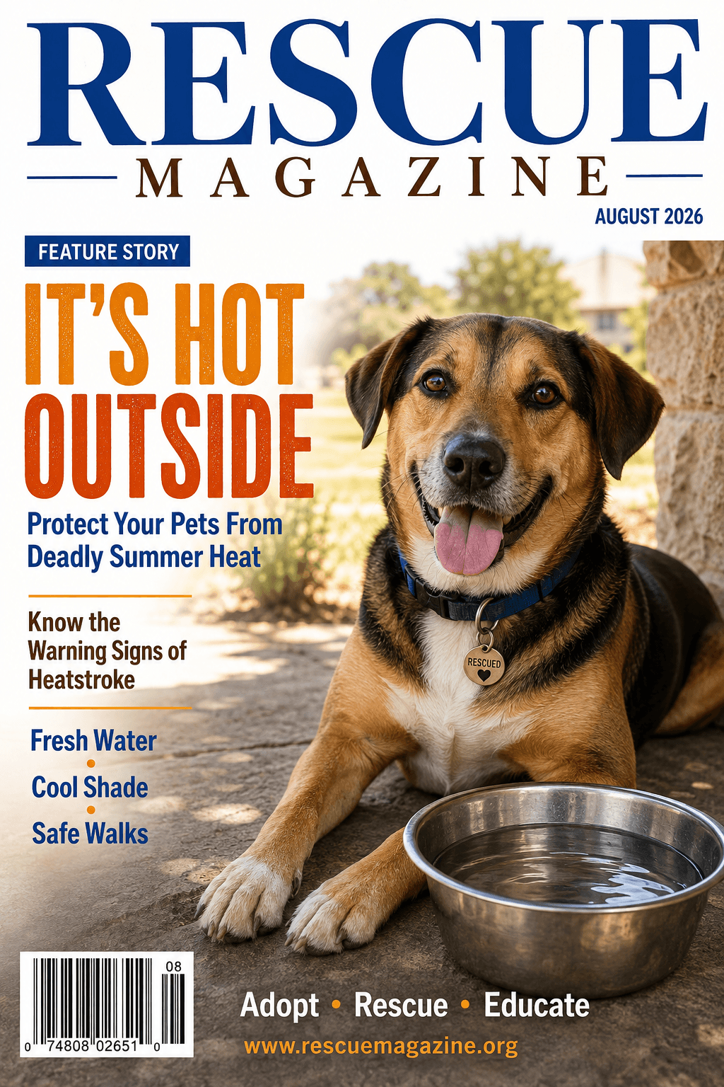 Dog with a bowl outdoors, magazine cover with headlines about pet safety and heatstroke, August 2026, 20 words