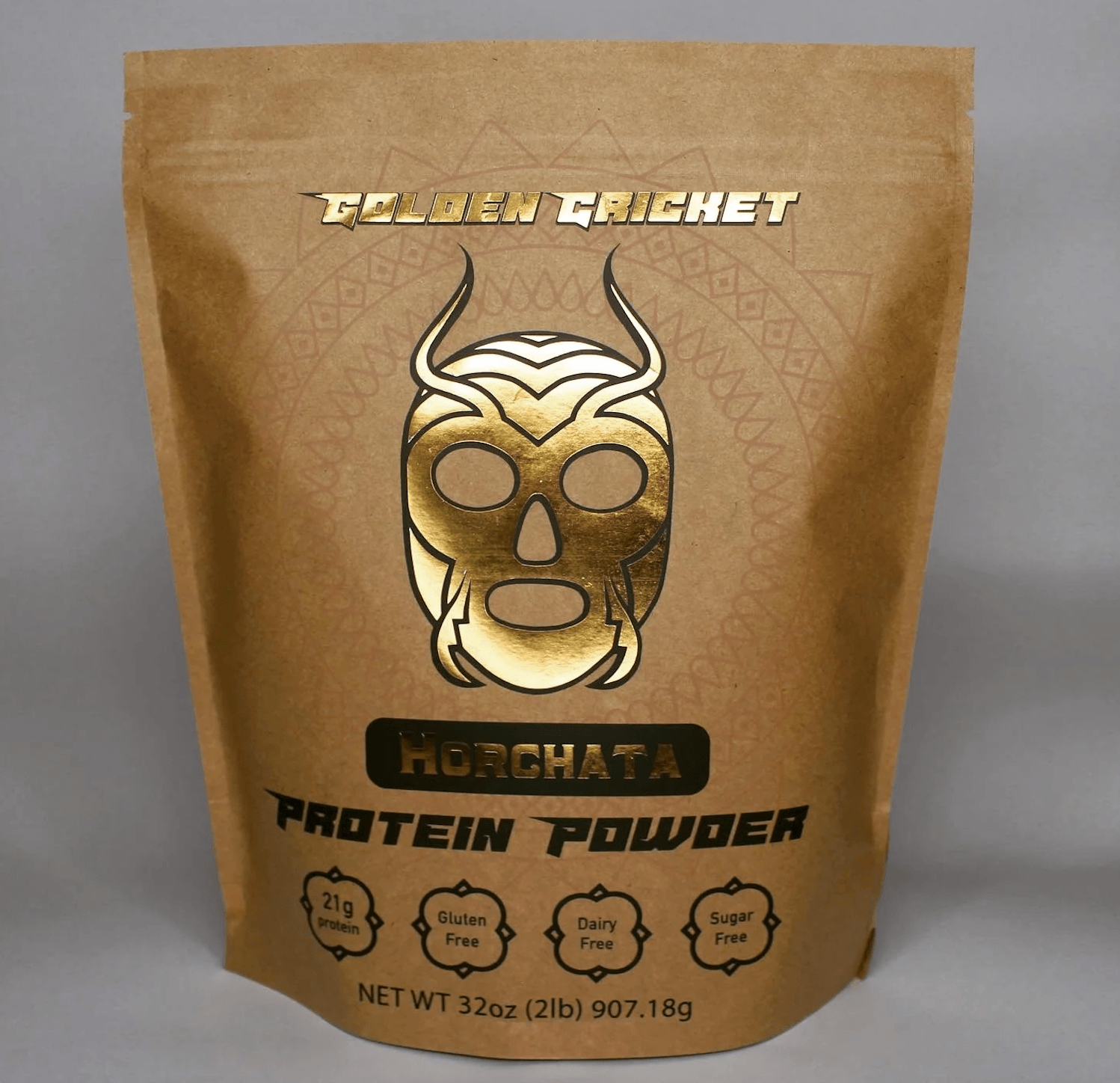 Brown resealable bag with a skull and horns graphic, labeled 'Golden Cricket Horchata Protein Powder,' with icons for dietary info.