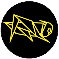 Yellow stylized text on black circular background, resembling a logo or graphic design.