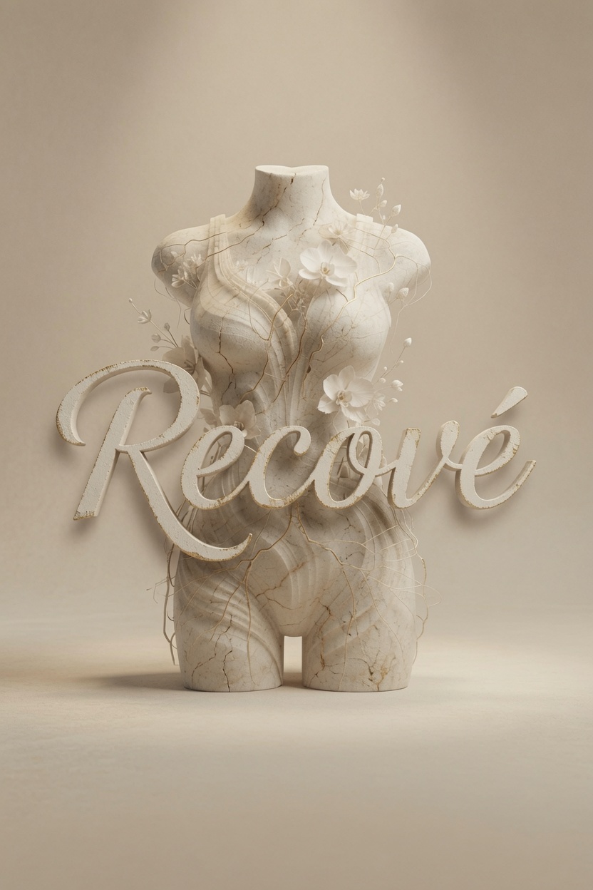 A marble sculpture of a female torso with the word 'Recové' in front, set against a plain background.
