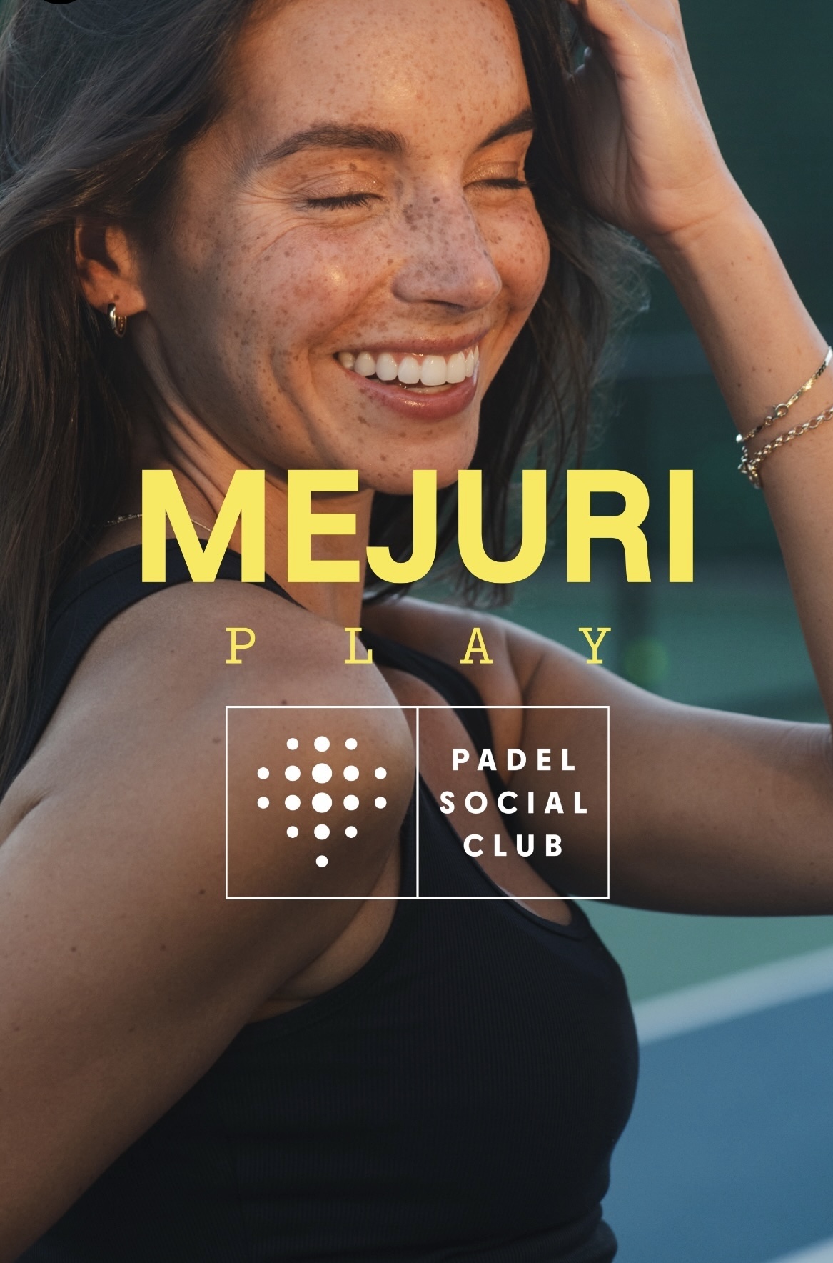 Smiling woman with freckles and long hair, wearing a black top, outdoors, with text about a social club and padel.