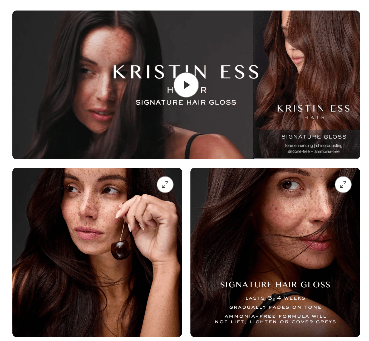 Three images of women with dark hair promoting Kristin Ess signature hair gloss, with text overlays and close-up shots.
