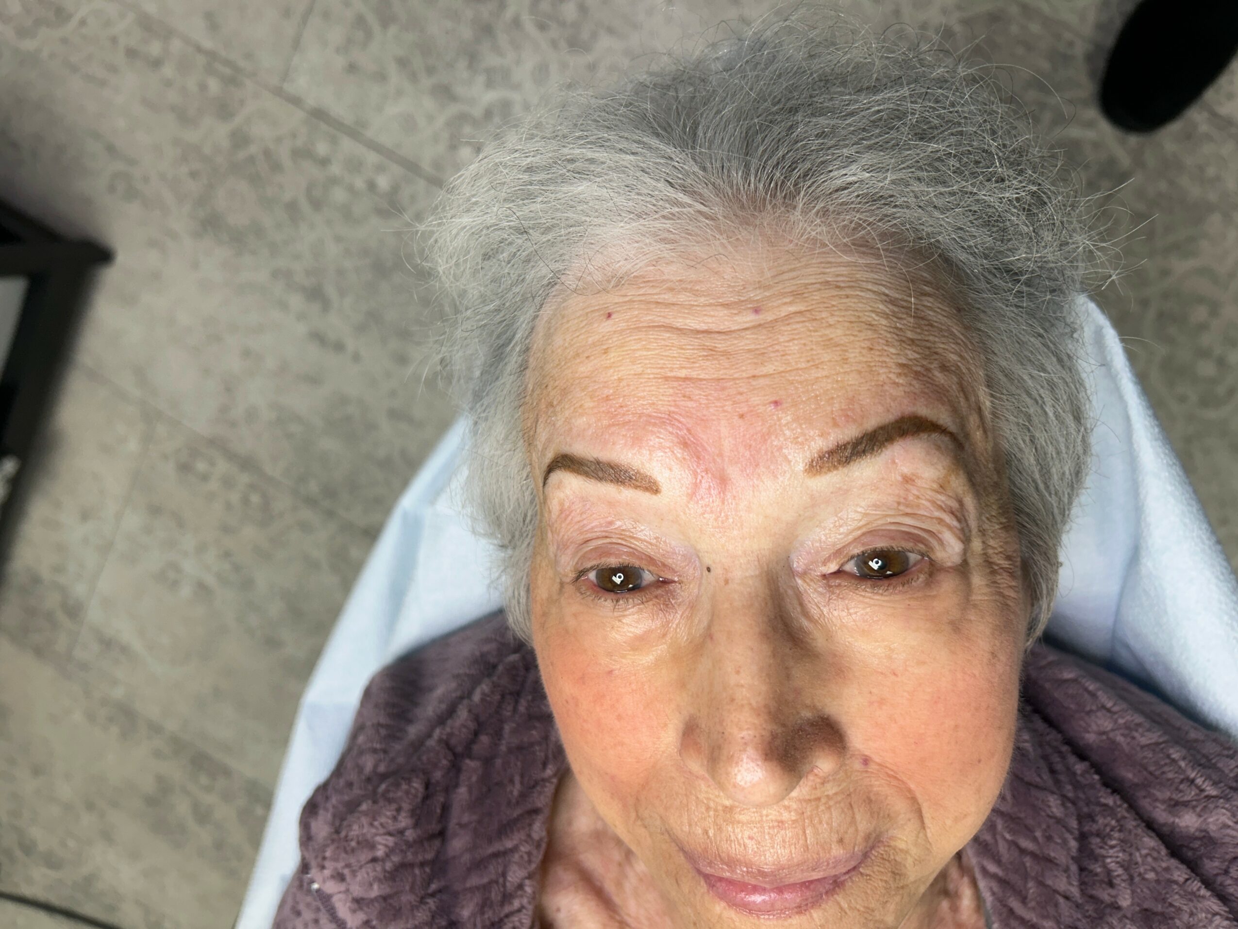 Close-up of an elderly woman with gray hair, lying down, with visible facial features and eyebrows, on a light background.