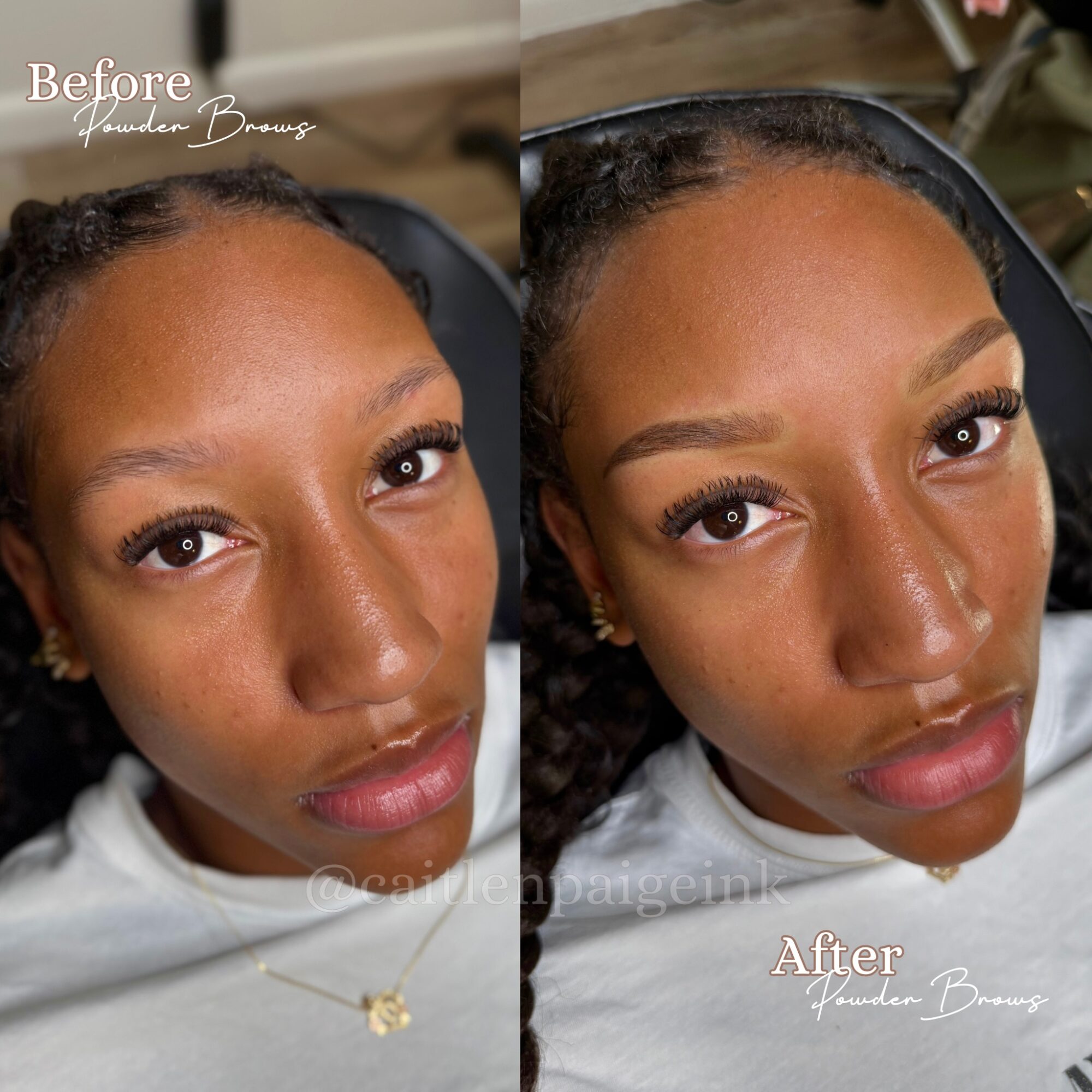 Close-up of a woman's face before and after a beauty treatment, showing improved skin and makeup. 20 words.