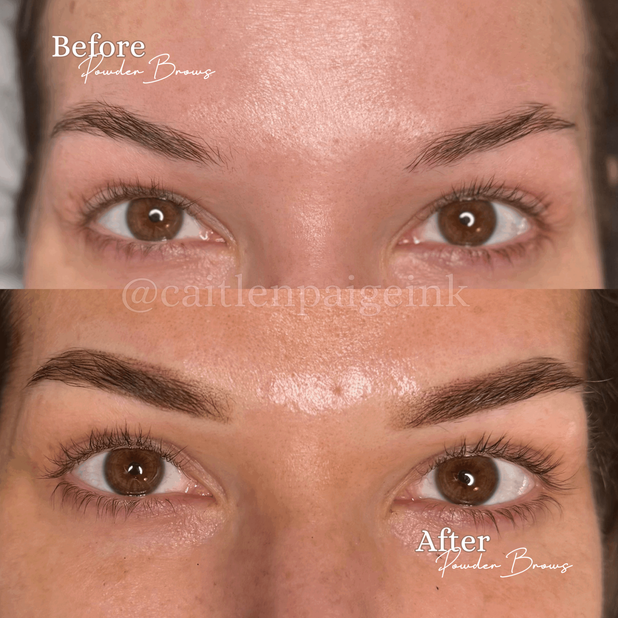 Close-up of a woman's face showing eyebrows before and after cosmetic enhancement, with clear skin and brown eyes.