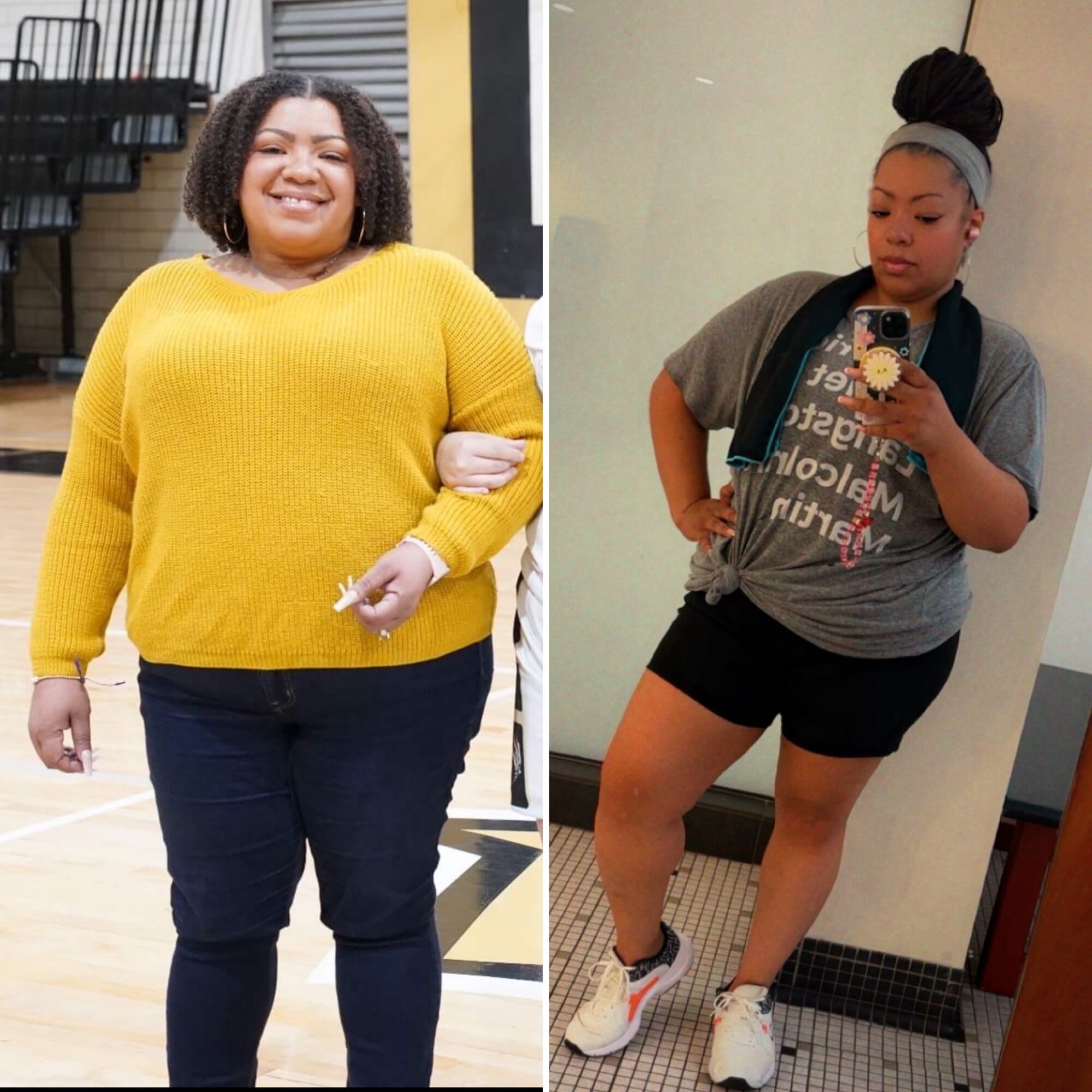 Two women taking mirror selfies, one in a yellow sweater and jeans, the other in a gray t-shirt and black shorts.