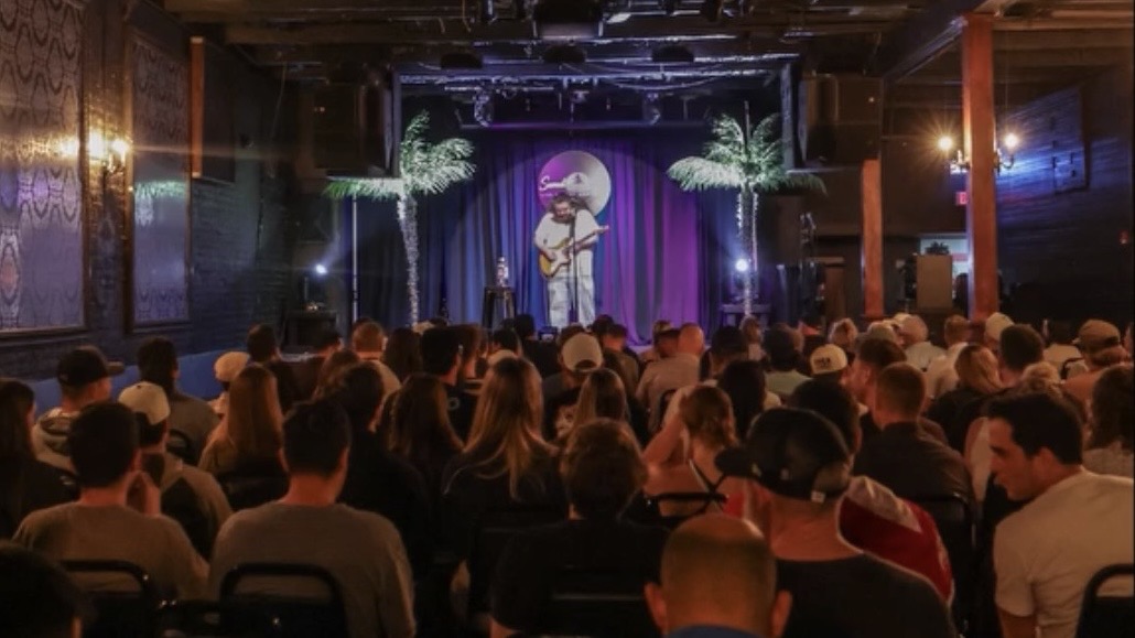 Performer on stage with purple curtain, audience seated in front, stage decorated with plants, dim lighting, and spotlights.