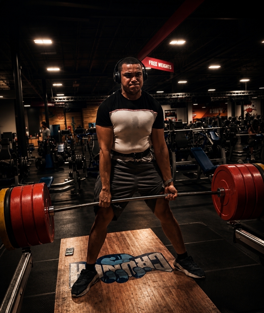 Person lifting a heavy barbell with red weights in a gym, wearing headphones and athletic clothing.