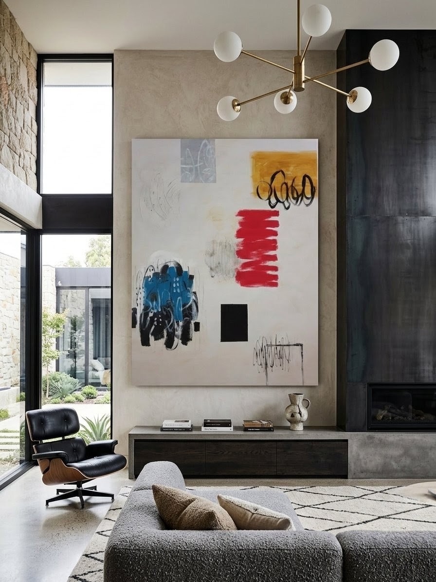Living room with large abstract painting, modern chandelier, gray sofa, black chair, and large window with outdoor view.