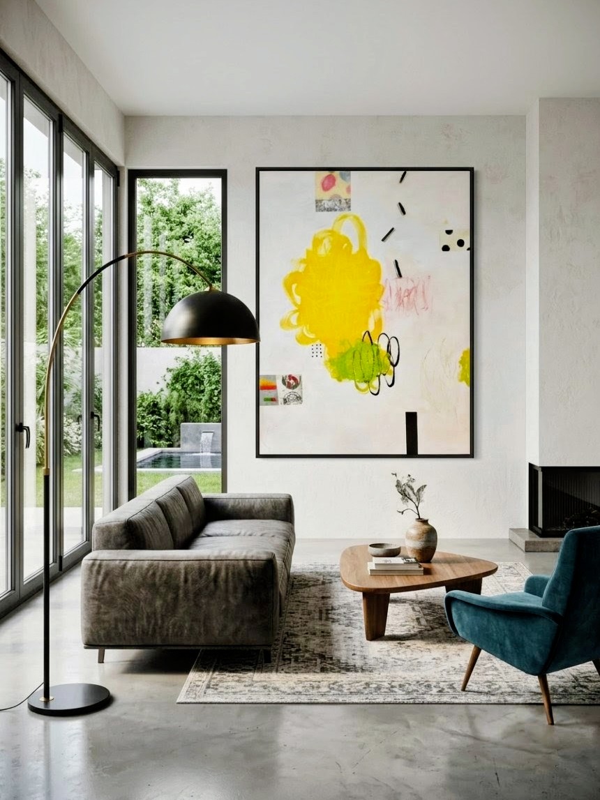 Living room with large window, abstract art on wall, sofa, armchair, and coffee table, natural light, modern decor.