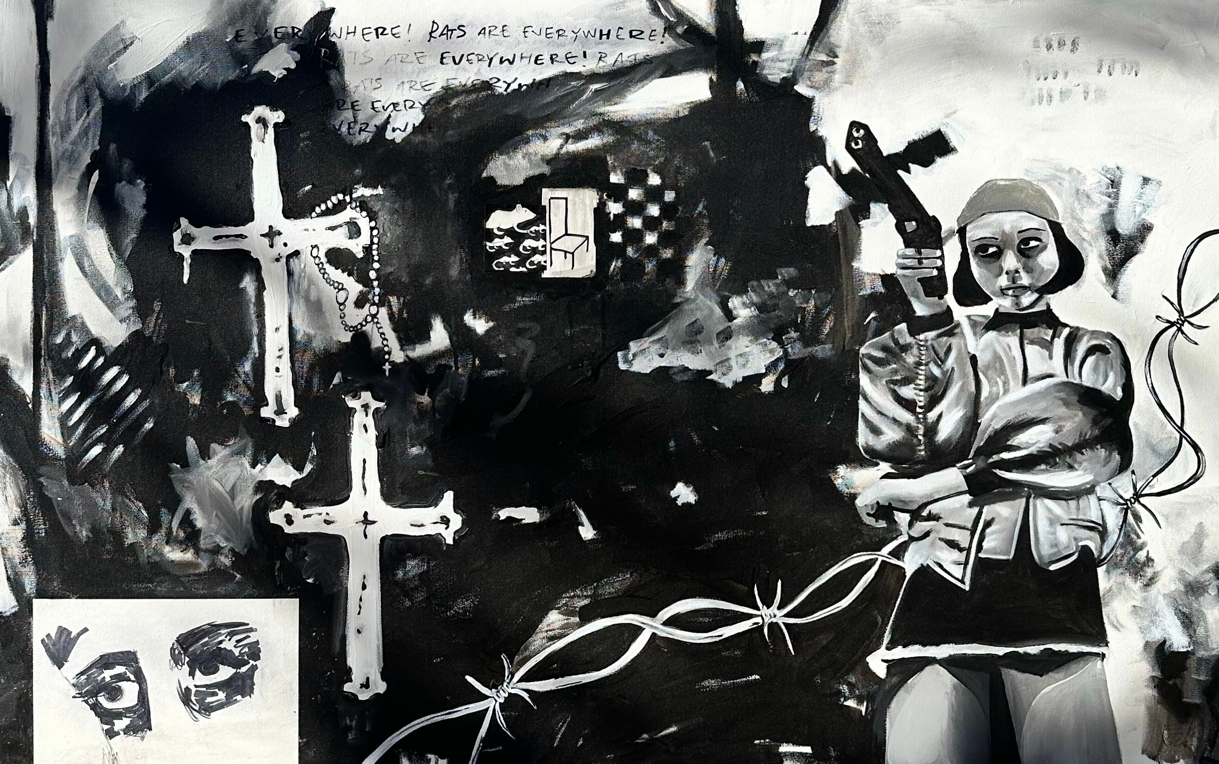 Black and white abstract artwork with crosses, a woman in a military-style outfit, and various symbols and shapes.