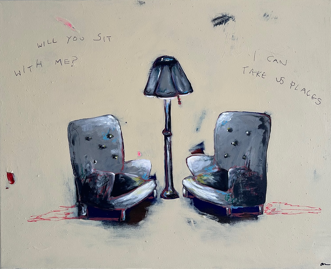 Two worn armchairs with a lamp between them, handwritten text says 'Will you sit with me?' and 'I can take us places'.