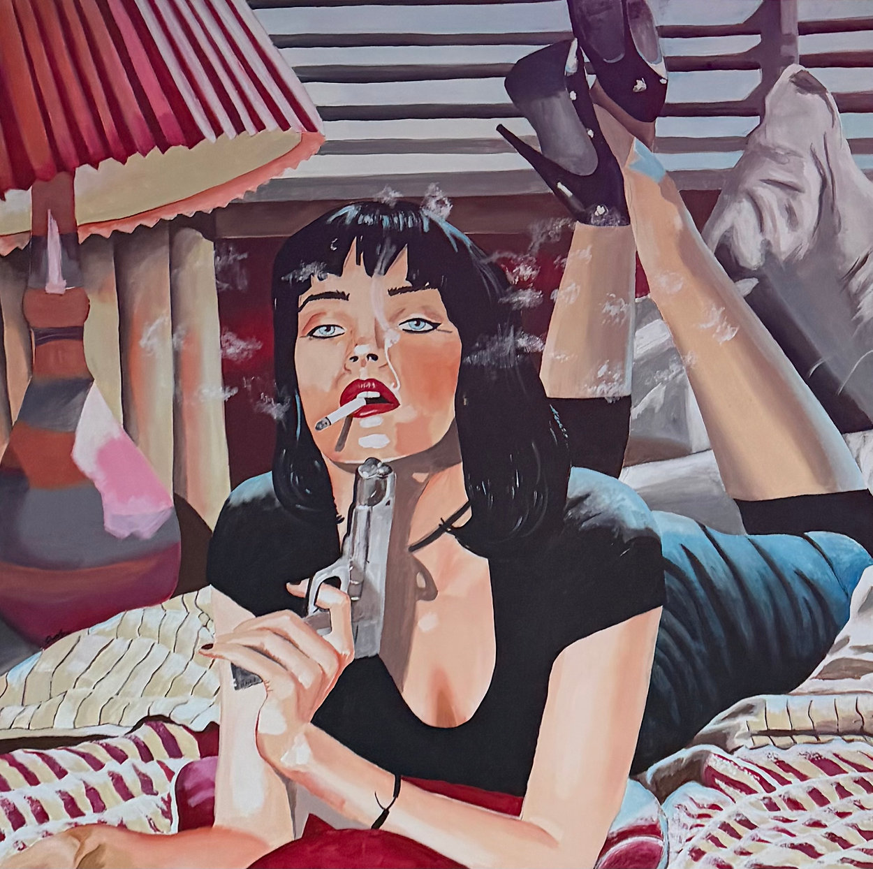 Woman with black hair lying on bed, holding a gun, with a cigarette in her mouth, in a colorful room.