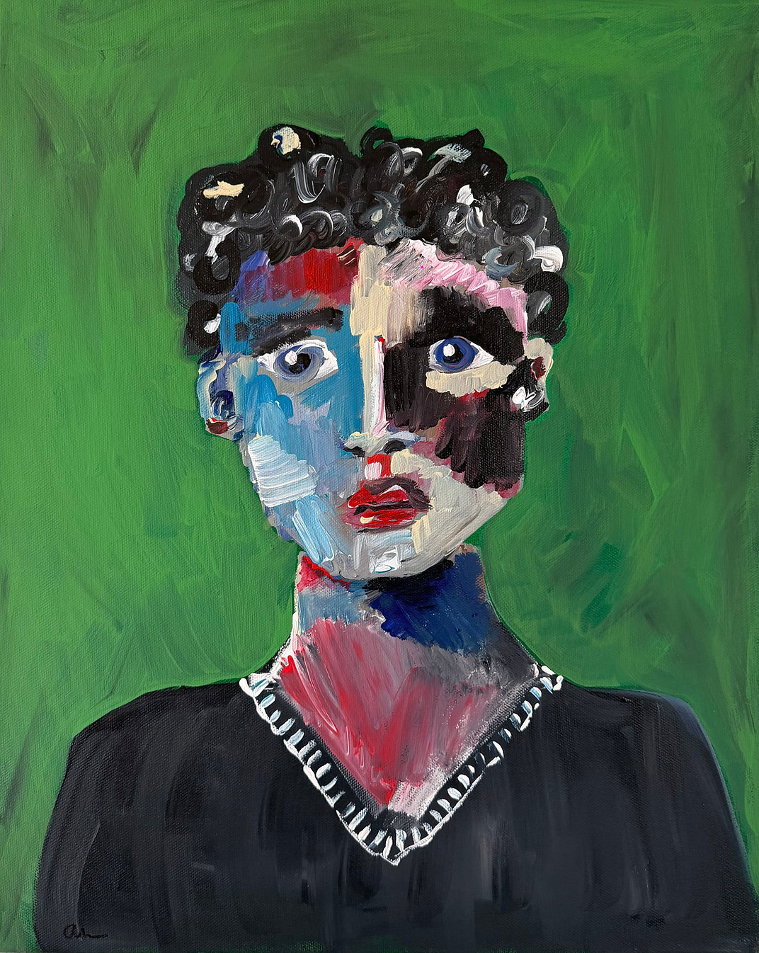 Portrait of a woman with curly hair, blue eyes, and red lips, wearing a black top with a chain necklace, against a green background.