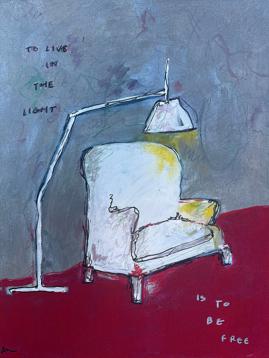 A white armchair with a yellow cushion, a floor lamp, and handwritten text on a blue background. Red floor area.