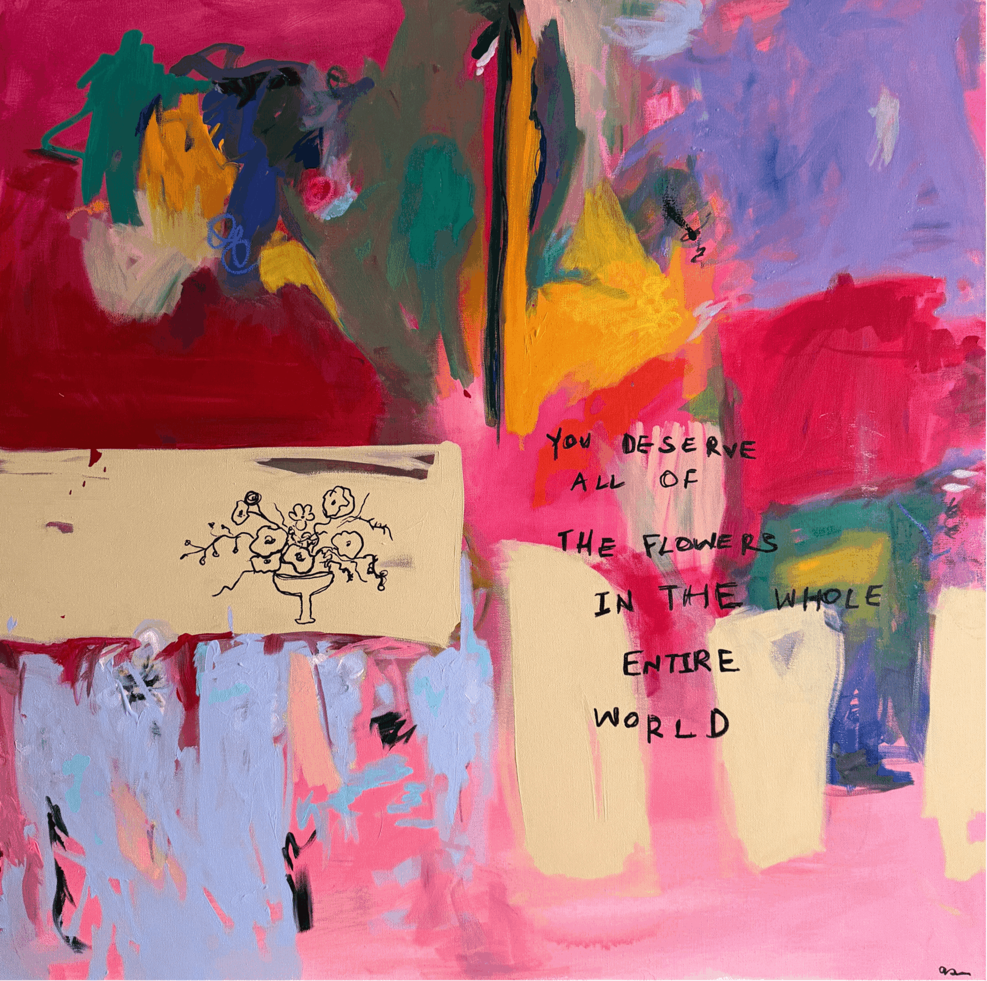 Abstract colorful painting with a small drawing of flowers and a quote about flowers in the world.