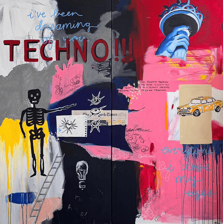 Mixed media artwork with text, skeleton, ladder, and various colorful elements, including a hand holding a torch and a car.