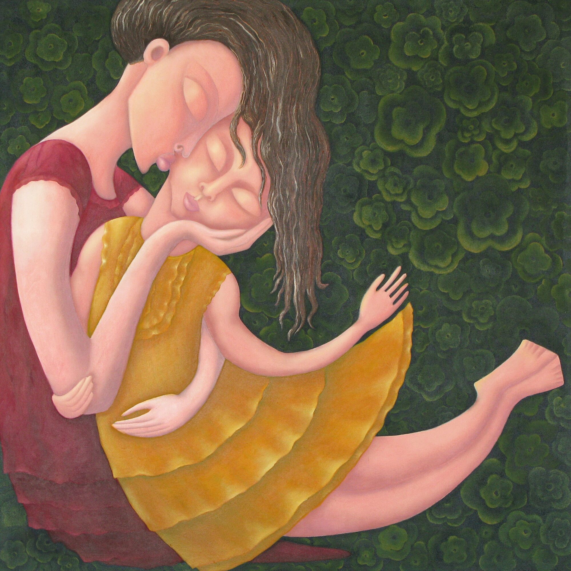Two people sit closely, one with long hair and the other with short hair, against a green leafy background.