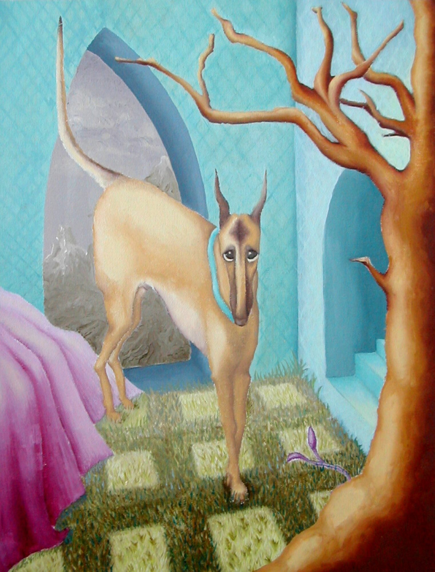 A surreal painting features a dog with a long face, standing on a stone path near a tree and a purple cloth.