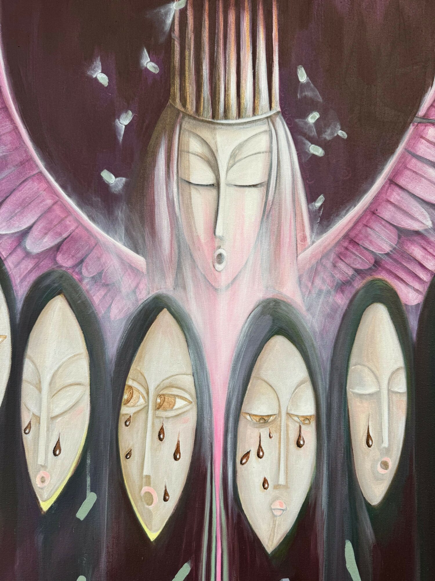 Four elongated, oval faces with closed eyes and neutral expressions, arranged vertically with pink and dark background elements.
