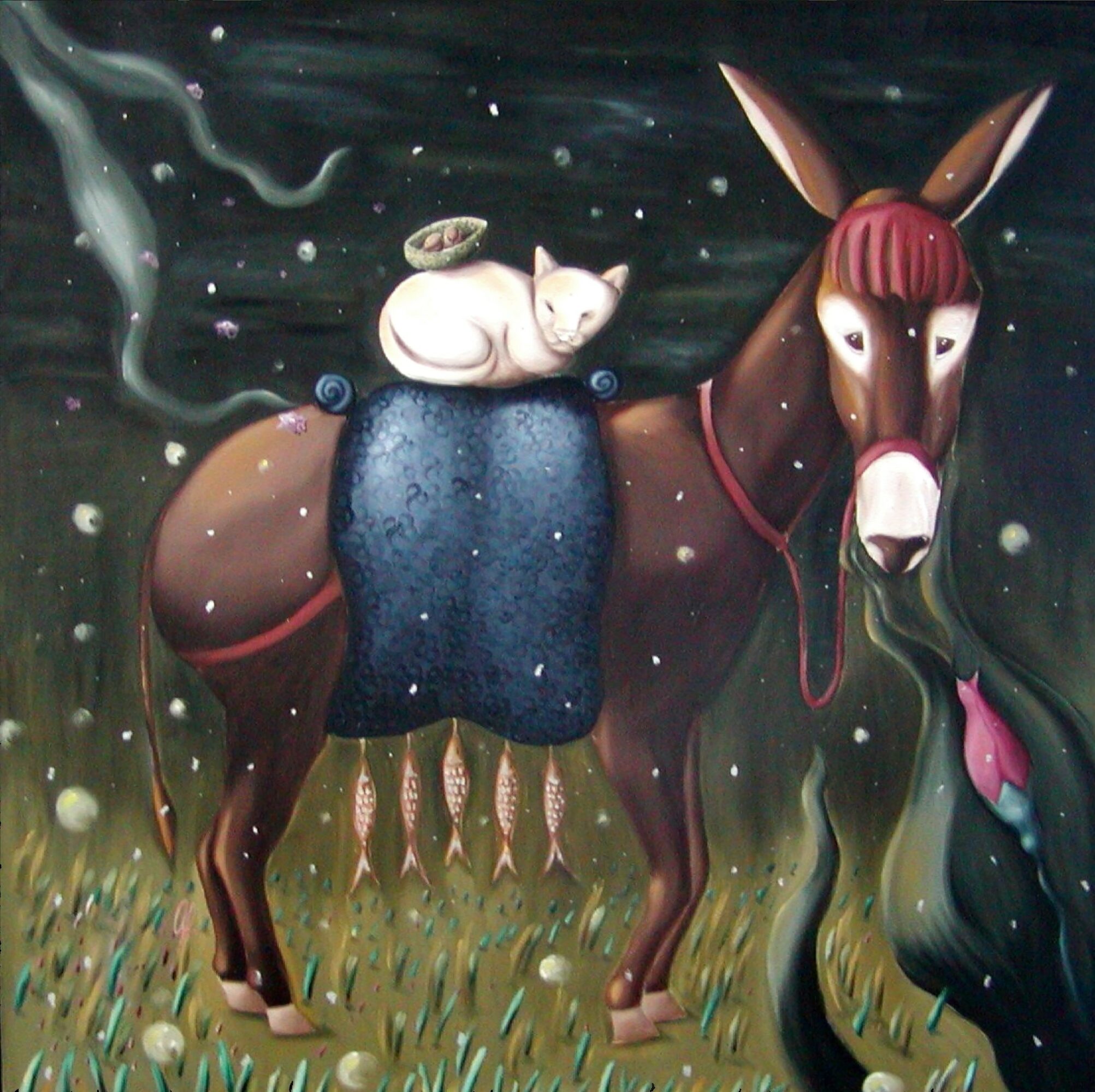 A donkey with a blanket on its back, a cat sitting on the blanket, and a pink flower in grass.